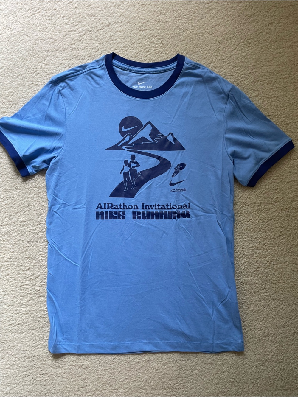 Nike Light Blue Mens Short Sleeve Running Tee with Navy Accents